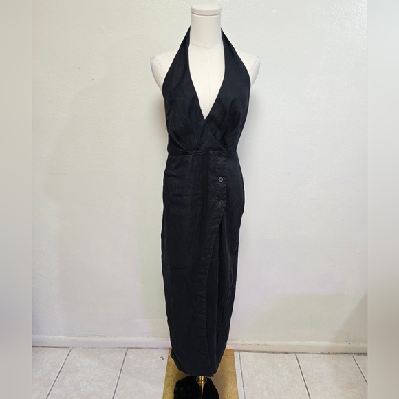 Anthropologie Linen Halter V-Neck Column Midi Dress Black Size Small - Picture 5 of 12